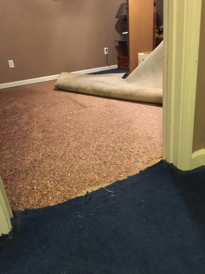 Carpet pad removal revealing water damage during Water Mitigation Services in Middletown